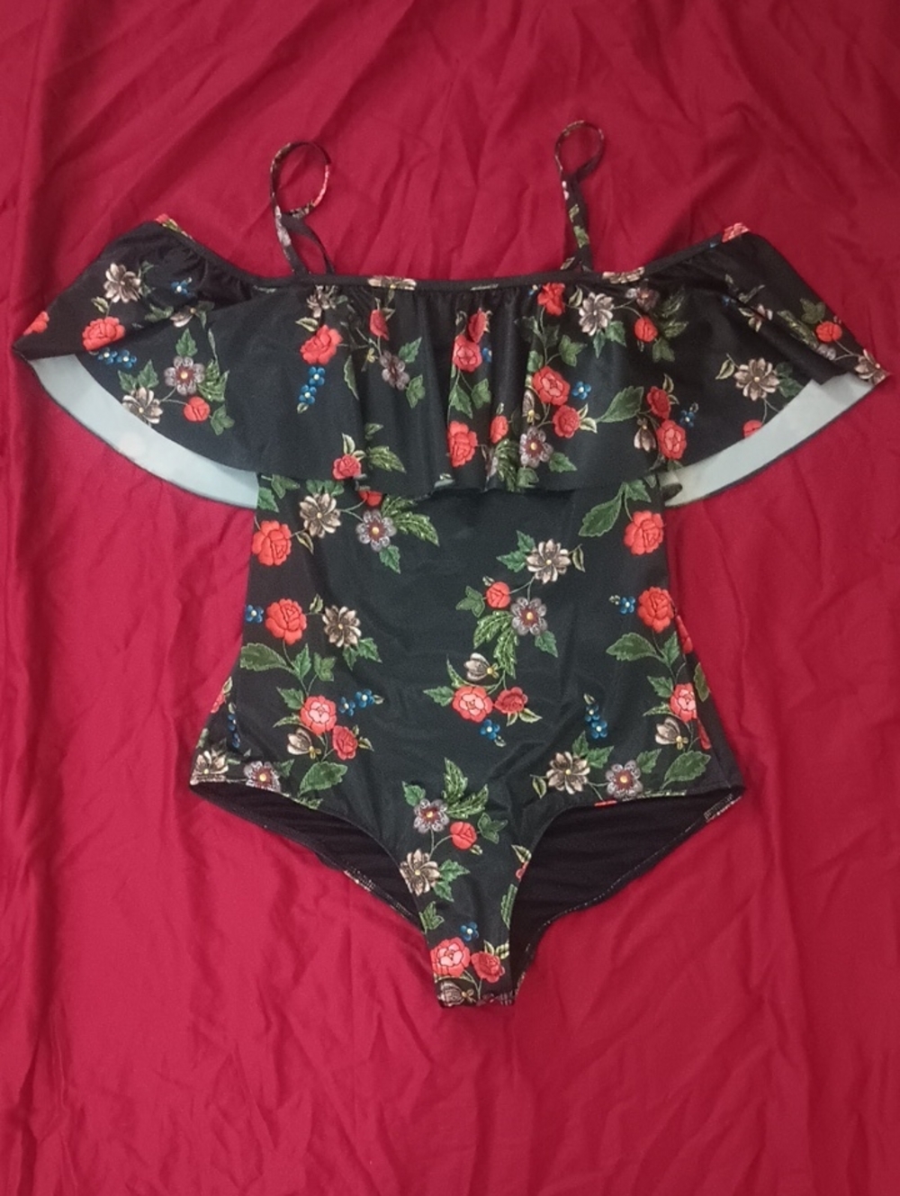 JustFab Black One Piece Swimsuit with Flower Accents Size M Like New Summer Swim